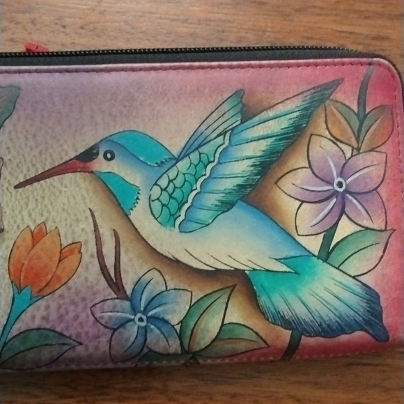 Anuschka Leather Hummingbird and Flower Wallet Accordion Zip Around Clutch - Picture 7 of 8